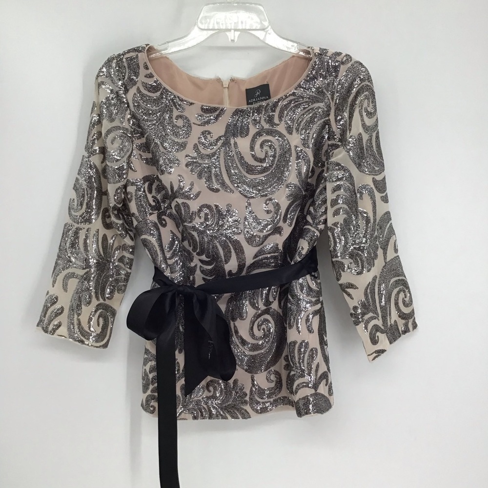Adrianna Papell Sequined 3/4 Sleeve Top Cocktail Party Blush Silver Size 6